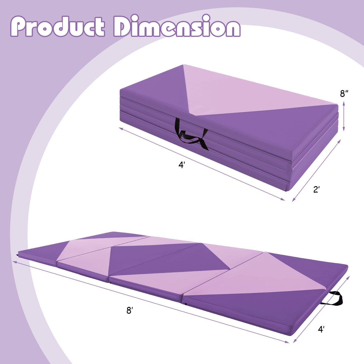 8 Feet PU Leather Folding Gymnastics Mat with Hook and Loop Fasteners-Pink & Purple Kids Crystal