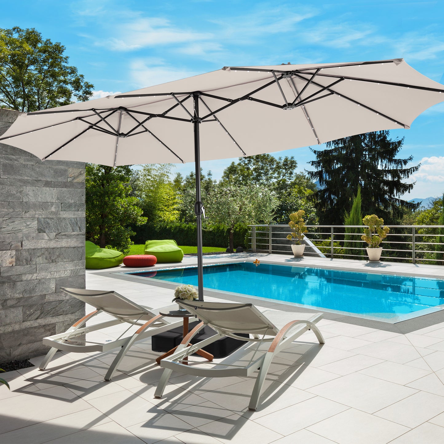 15 Feet Double-Sided Patio Umbrella with 48 LED Lights-Beige Kids Crystal