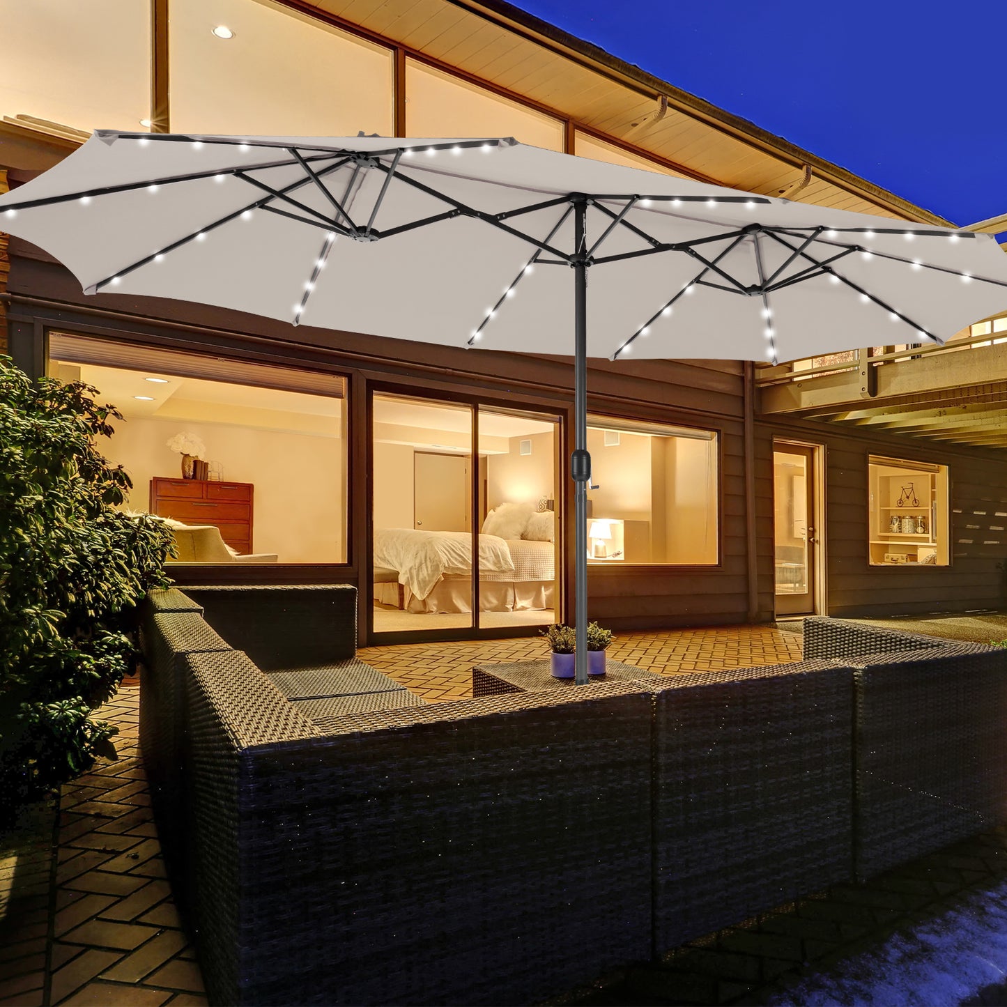 15 Feet Double-Sided Patio Umbrella with 48 LED Lights-Beige Kids Crystal