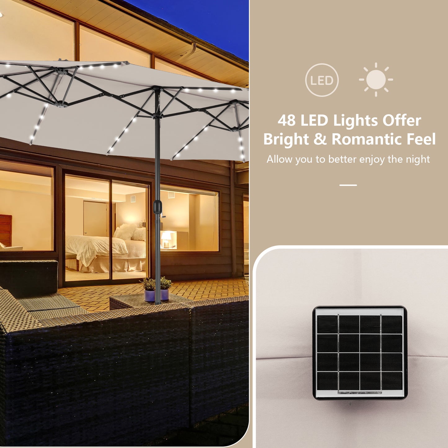 15 Feet Double-Sided Patio Umbrella with 48 LED Lights-Beige Kids Crystal