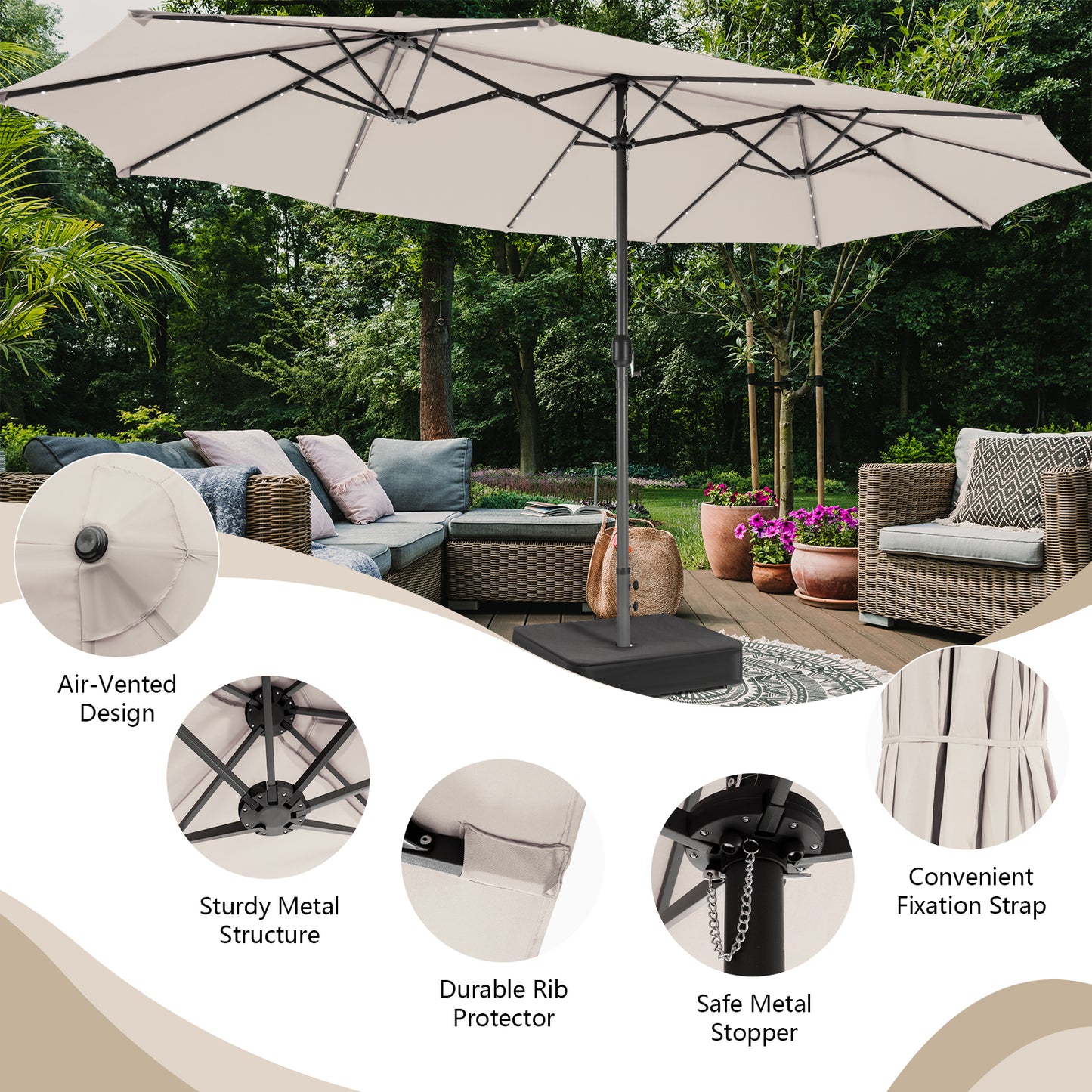15 Feet Double-Sided Patio Umbrella with 48 LED Lights-Beige Kids Crystal