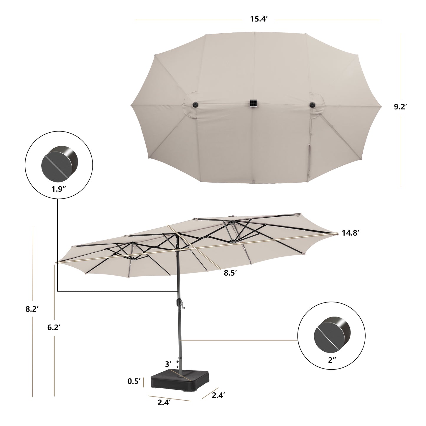 15 Feet Double-Sided Patio Umbrella with 48 LED Lights-Beige Kids Crystal