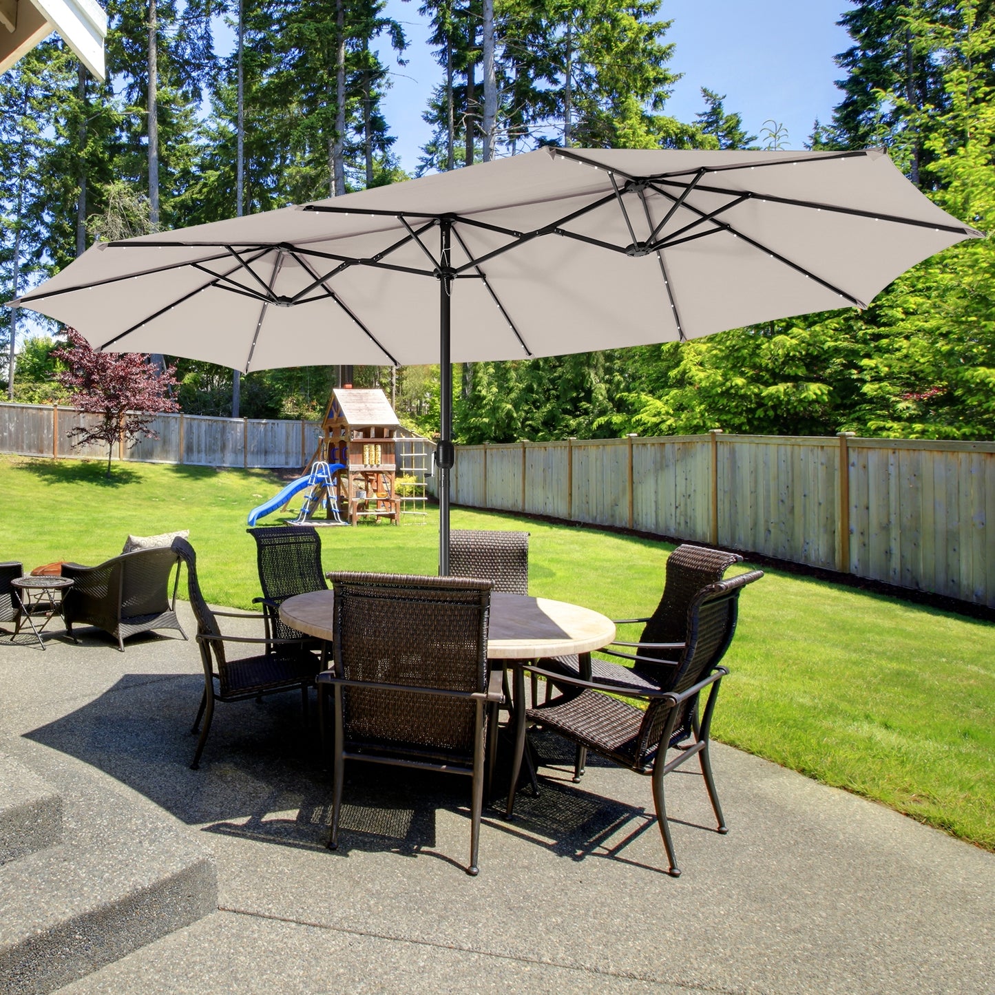 15 Feet Twin Patio Umbrella with 48 Solar LED Lights-Beige Kids Crystal