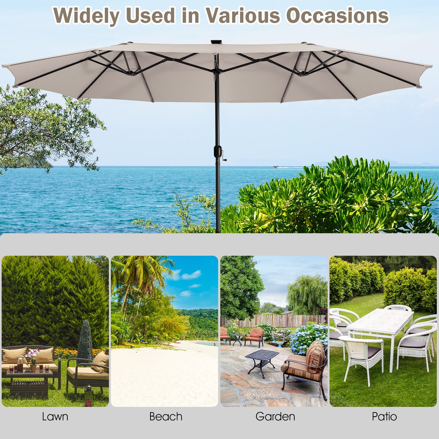 15 Feet Twin Patio Umbrella with 48 Solar LED Lights-Beige Kids Crystal