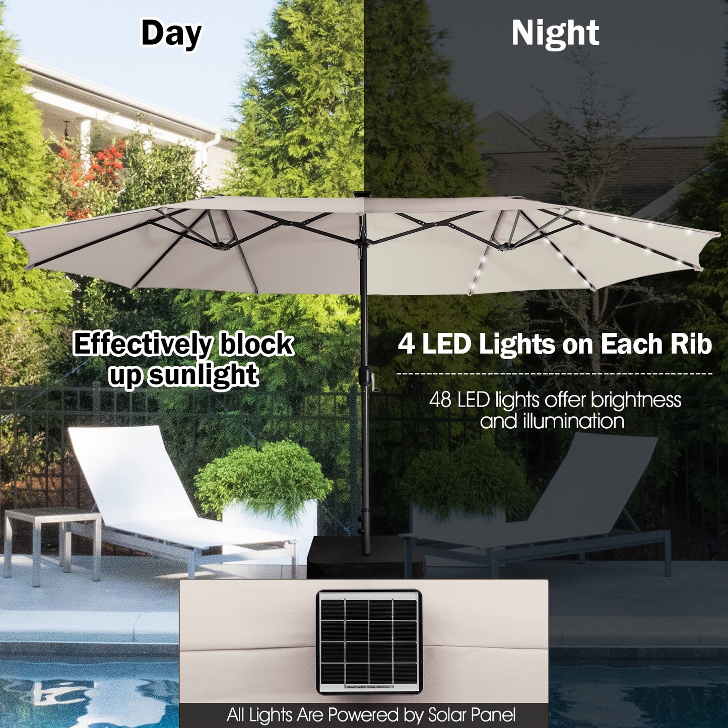 15 Feet Twin Patio Umbrella with 48 Solar LED Lights-Beige Kids Crystal
