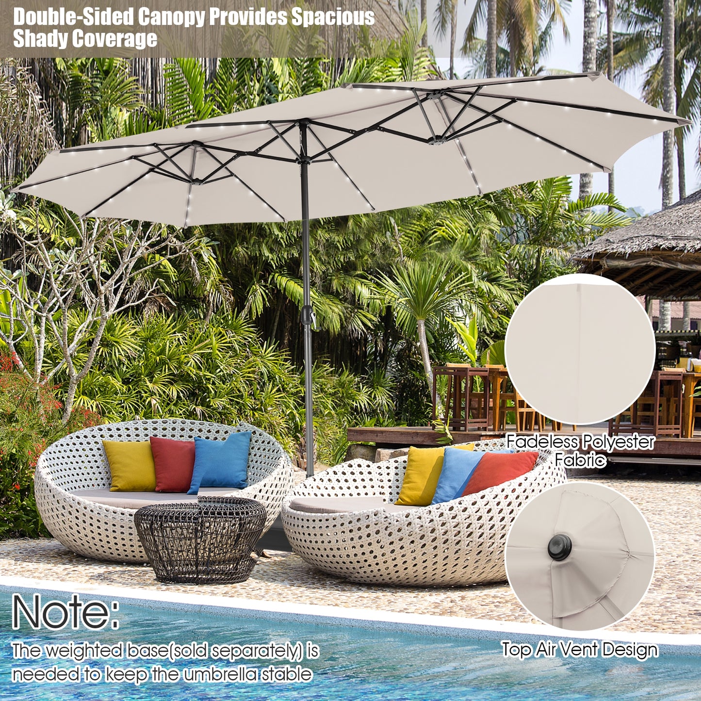 15 Feet Twin Patio Umbrella with 48 Solar LED Lights-Beige Kids Crystal