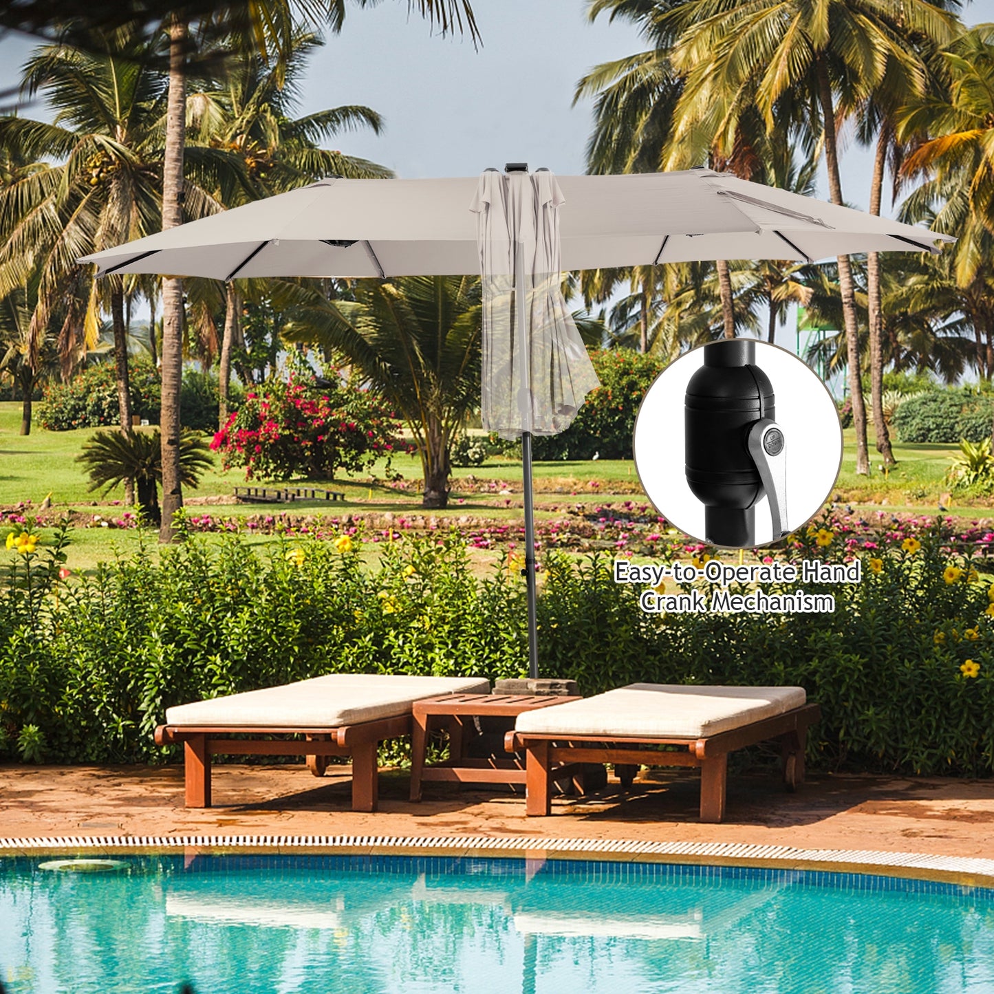 15 Feet Twin Patio Umbrella with 48 Solar LED Lights-Beige Kids Crystal