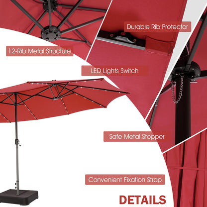 15 Feet Twin Patio Umbrella with 48 Solar LED Lights-Wine