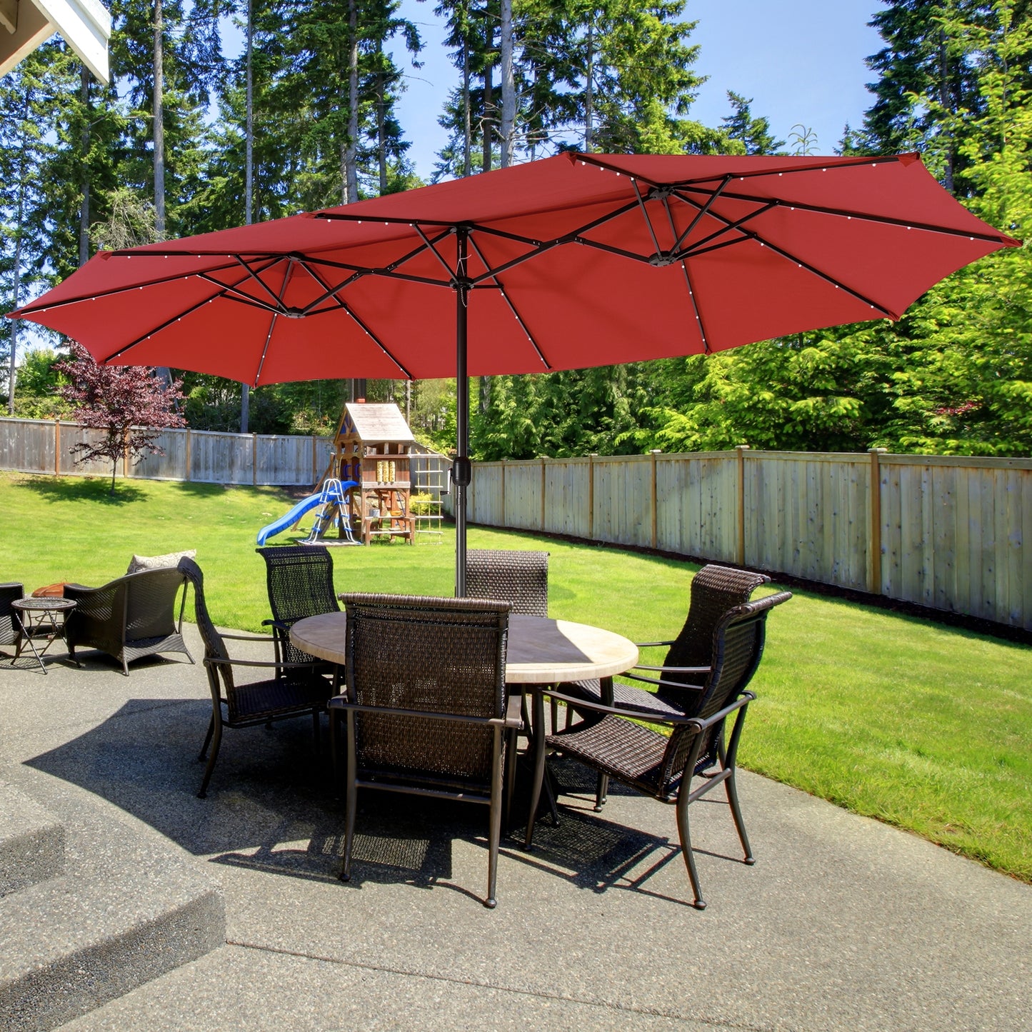 15 Feet Twin Patio Umbrella with 48 Solar LED Lights-Wine Kids Crystal