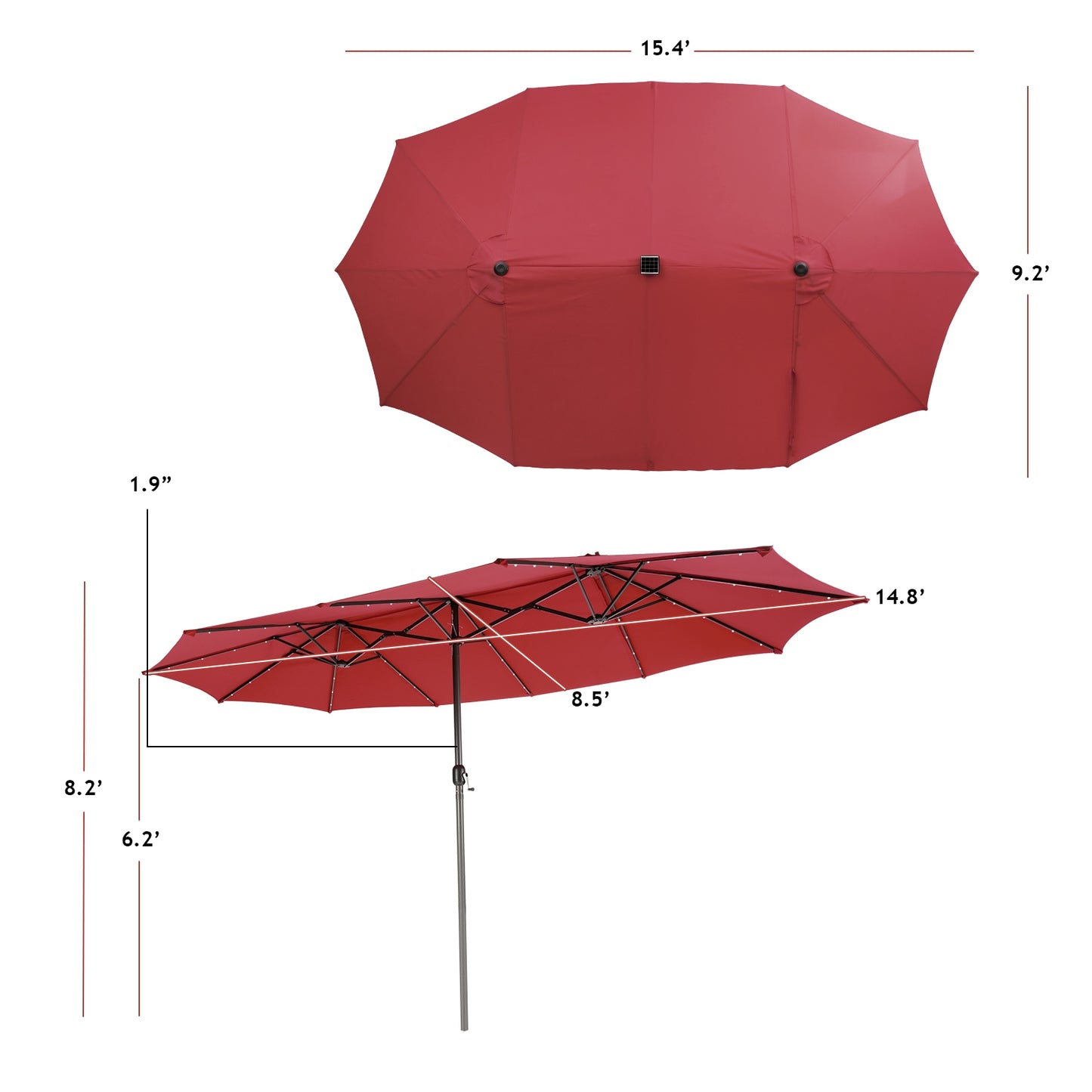 15 Feet Twin Patio Umbrella with 48 Solar LED Lights-Wine Kids Crystal