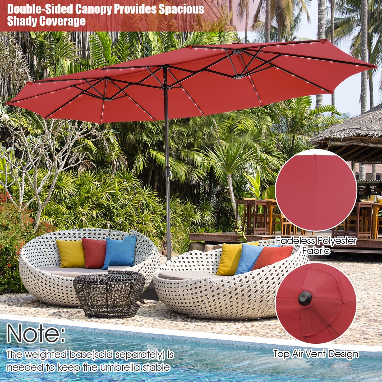 15 Feet Twin Patio Umbrella with 48 Solar LED Lights-Wine Kids Crystal