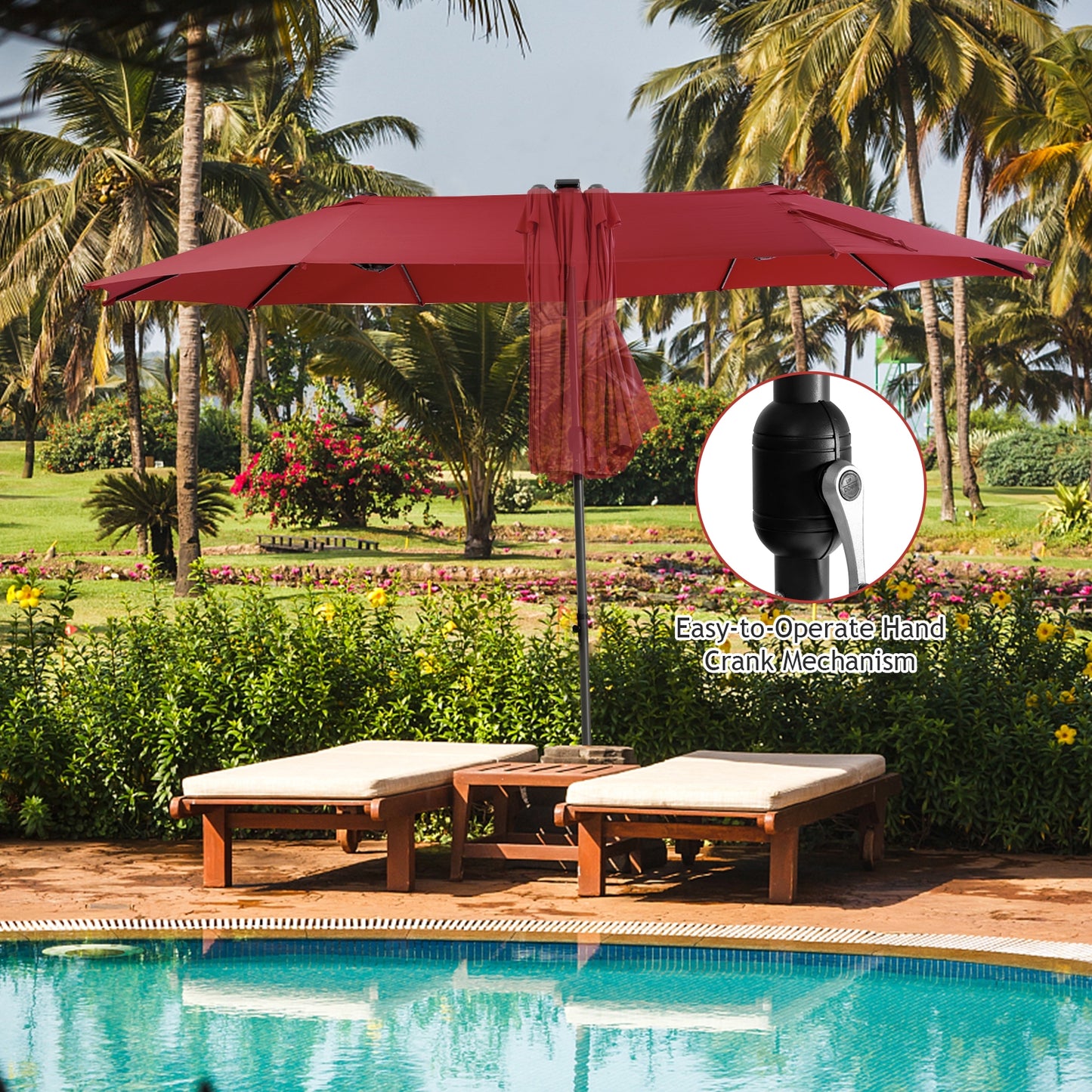 15 Feet Twin Patio Umbrella with 48 Solar LED Lights-Wine Kids Crystal