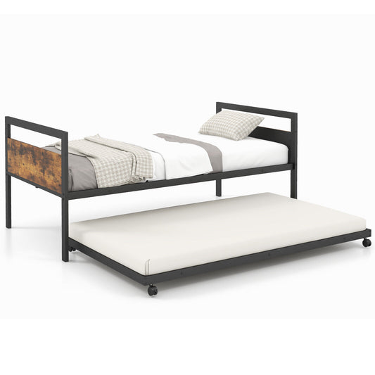 Twin Metal Daybed with Trundle Lockable Wheels-Twin Size Kids Crystal
