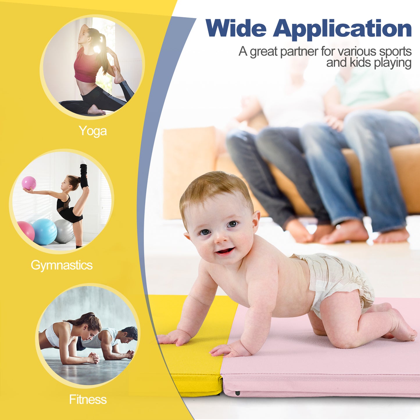 6 x 2 FT Tri-Fold Gym Mat with Handles and Removable Zippered Cover-Yellow Kids Crystal
