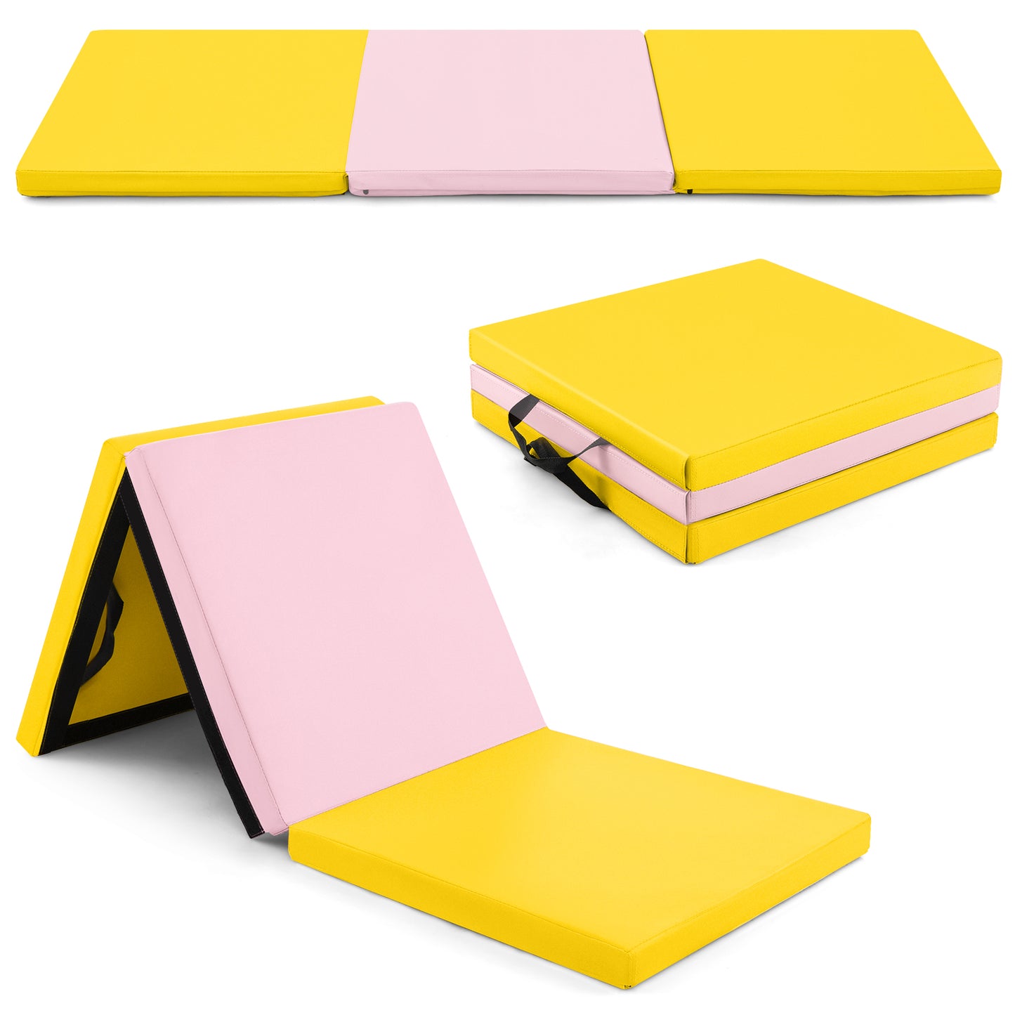6 x 2 FT Tri-Fold Gym Mat with Handles and Removable Zippered Cover-Yellow Kids Crystal