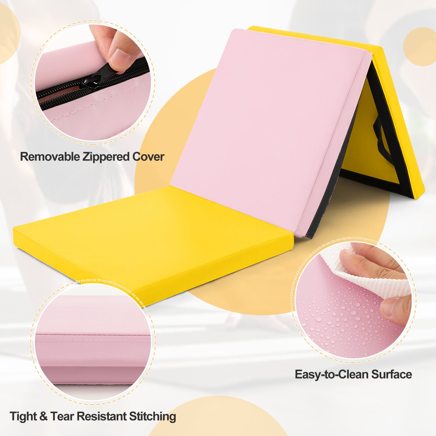 6 x 2 FT Tri-Fold Gym Mat with Handles and Removable Zippered Cover-Yellow Kids Crystal