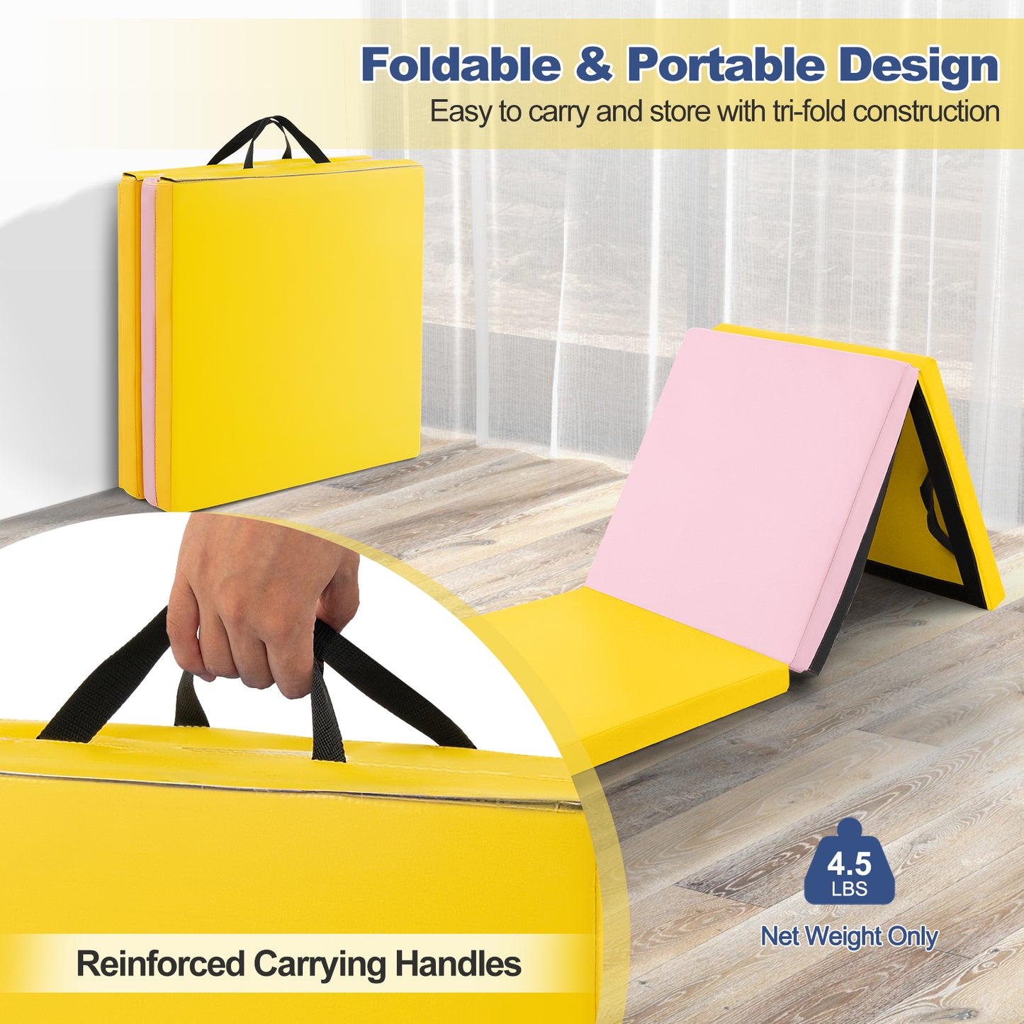 6 x 2 FT Tri-Fold Gym Mat with Handles and Removable Zippered Cover-Yellow Kids Crystal