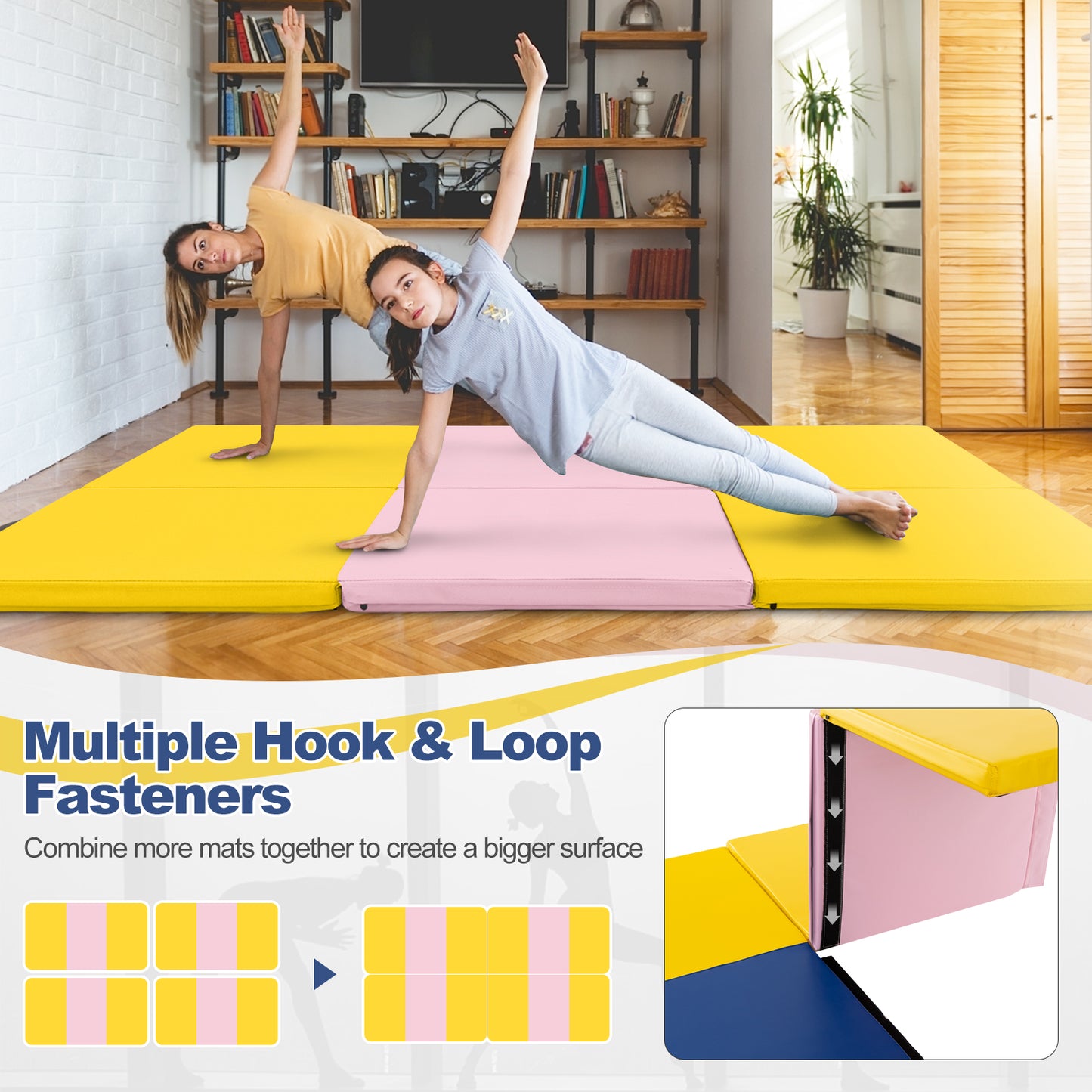 6 x 2 FT Tri-Fold Gym Mat with Handles and Removable Zippered Cover-Yellow Kids Crystal