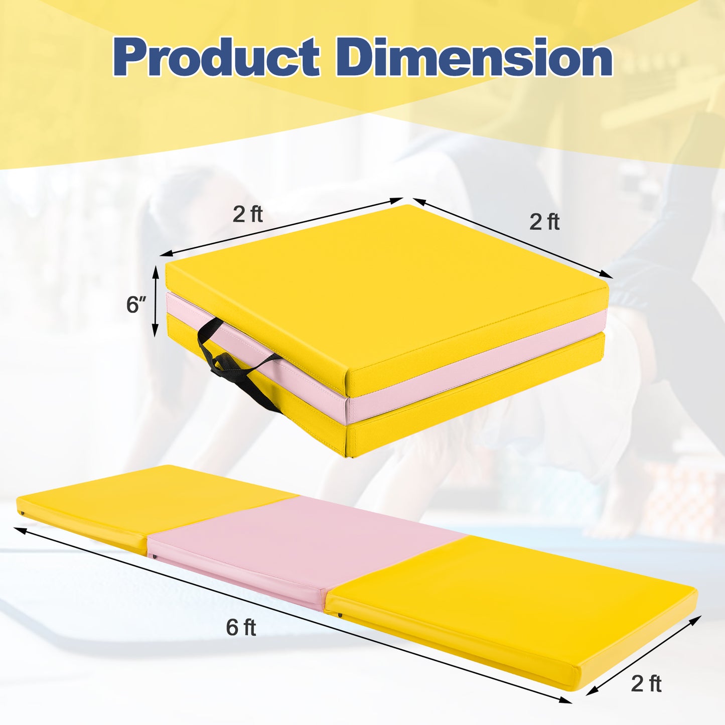 6 x 2 FT Tri-Fold Gym Mat with Handles and Removable Zippered Cover-Yellow Kids Crystal