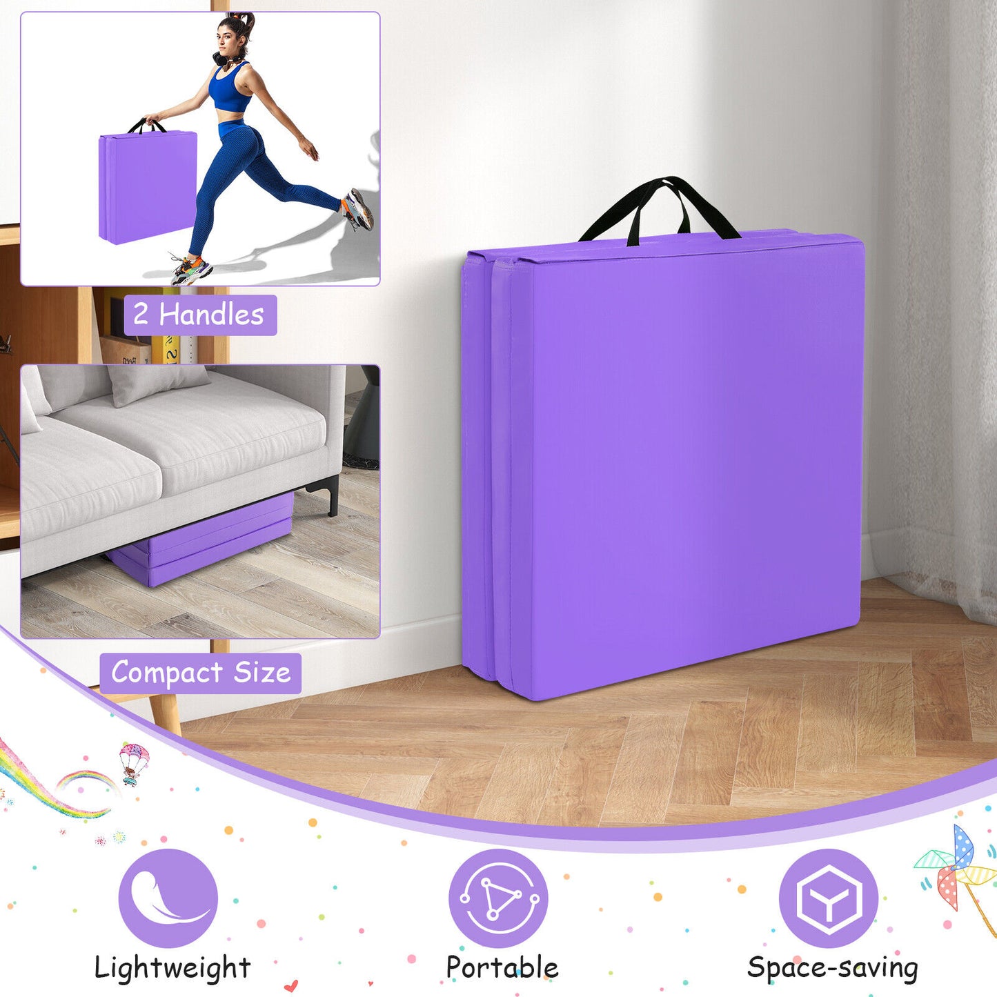 6 x 2 FT Tri-Fold Gym Mat with Handles and Removable Zippered Cover-Purple Kids Crystal