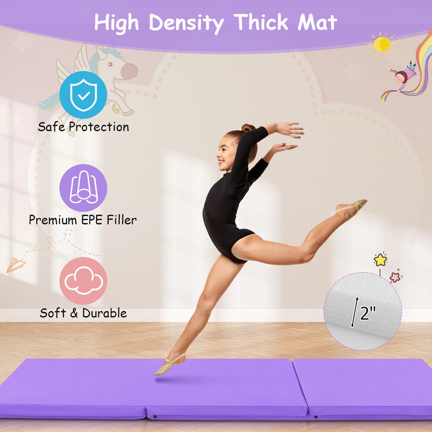 6 x 2 FT Tri-Fold Gym Mat with Handles and Removable Zippered Cover-Purple Kids Crystal