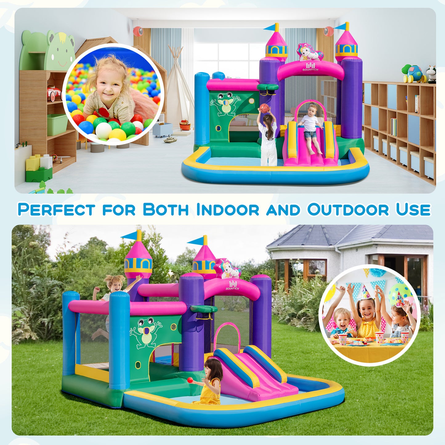 6-in-1 Kids Blow up Castle with Slide and Jumping Area and Ball Pit Pools without Blower Kids Crystal