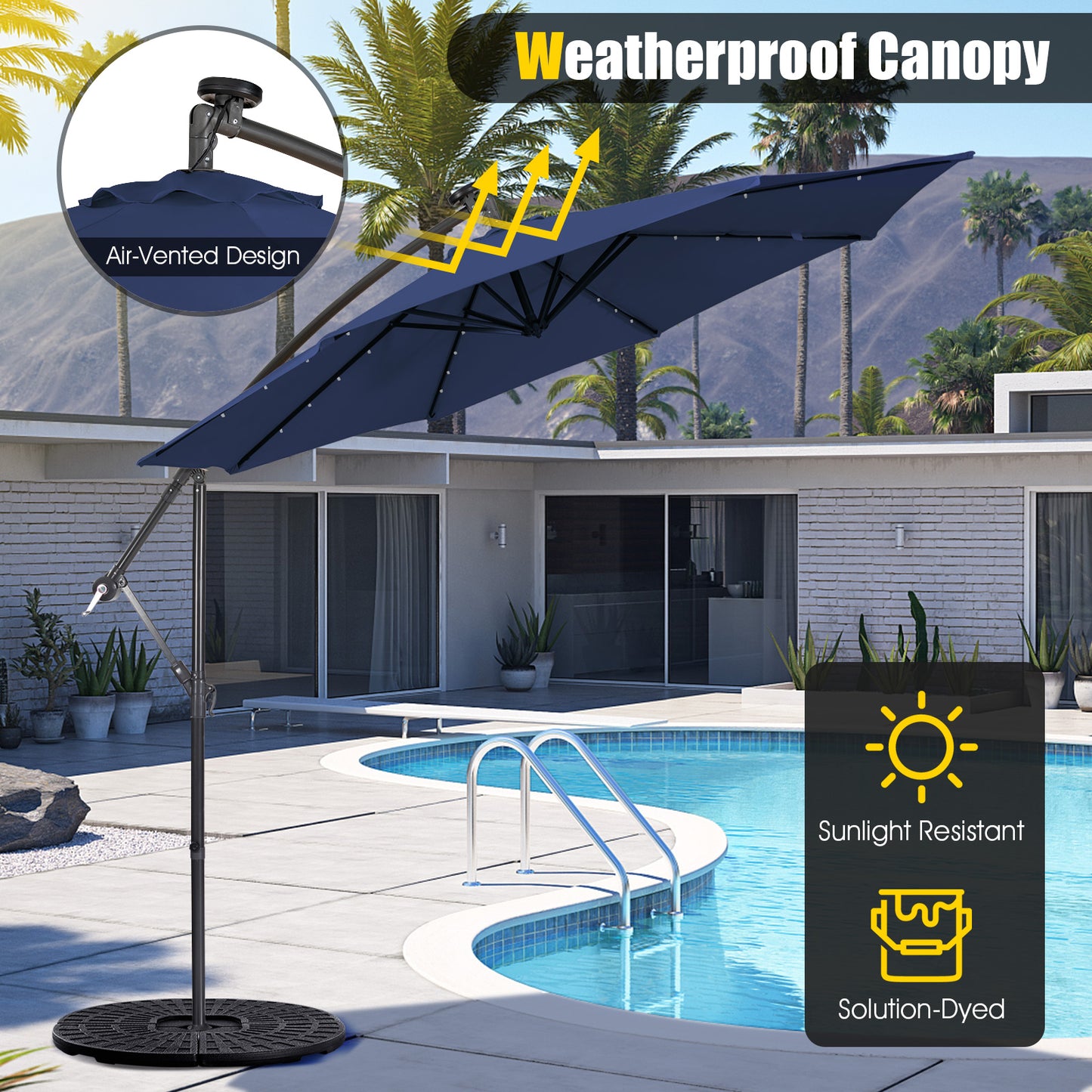 10 Feet Patio Solar Powered Cantilever Umbrella with Tilting System-Navy Kids Crystal