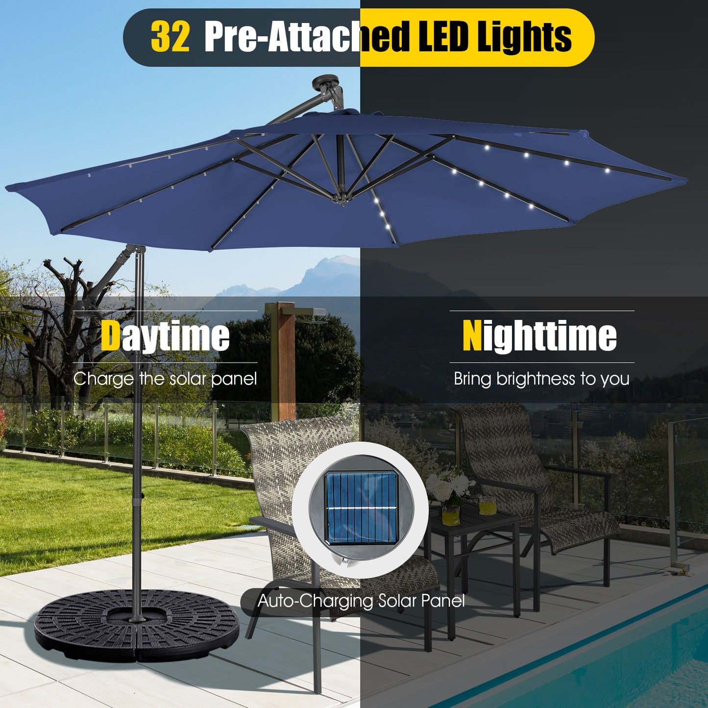 10 Feet Patio Solar Powered Cantilever Umbrella with Tilting System-Navy Kids Crystal