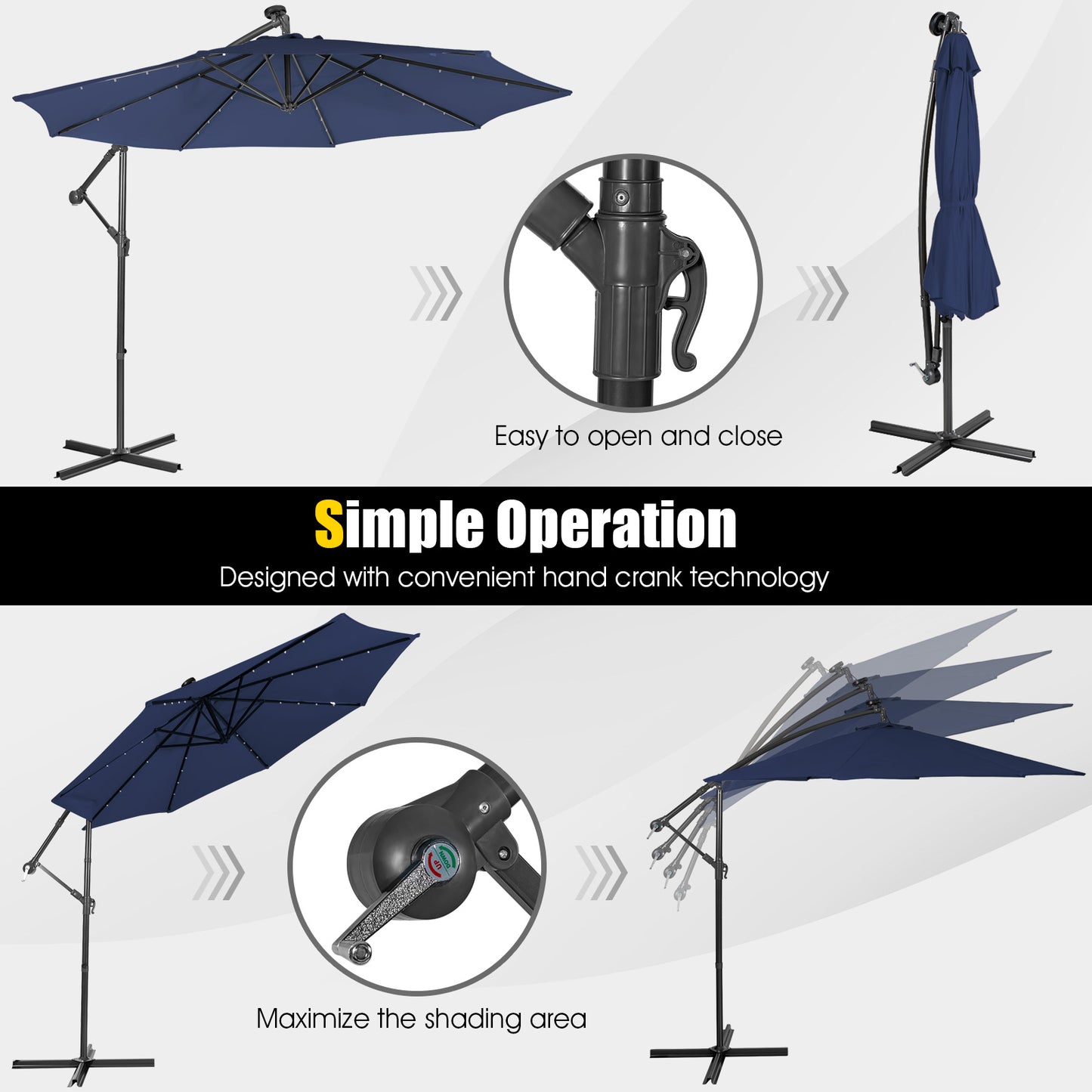 10 Feet Patio Solar Powered Cantilever Umbrella with Tilting System-Navy Kids Crystal