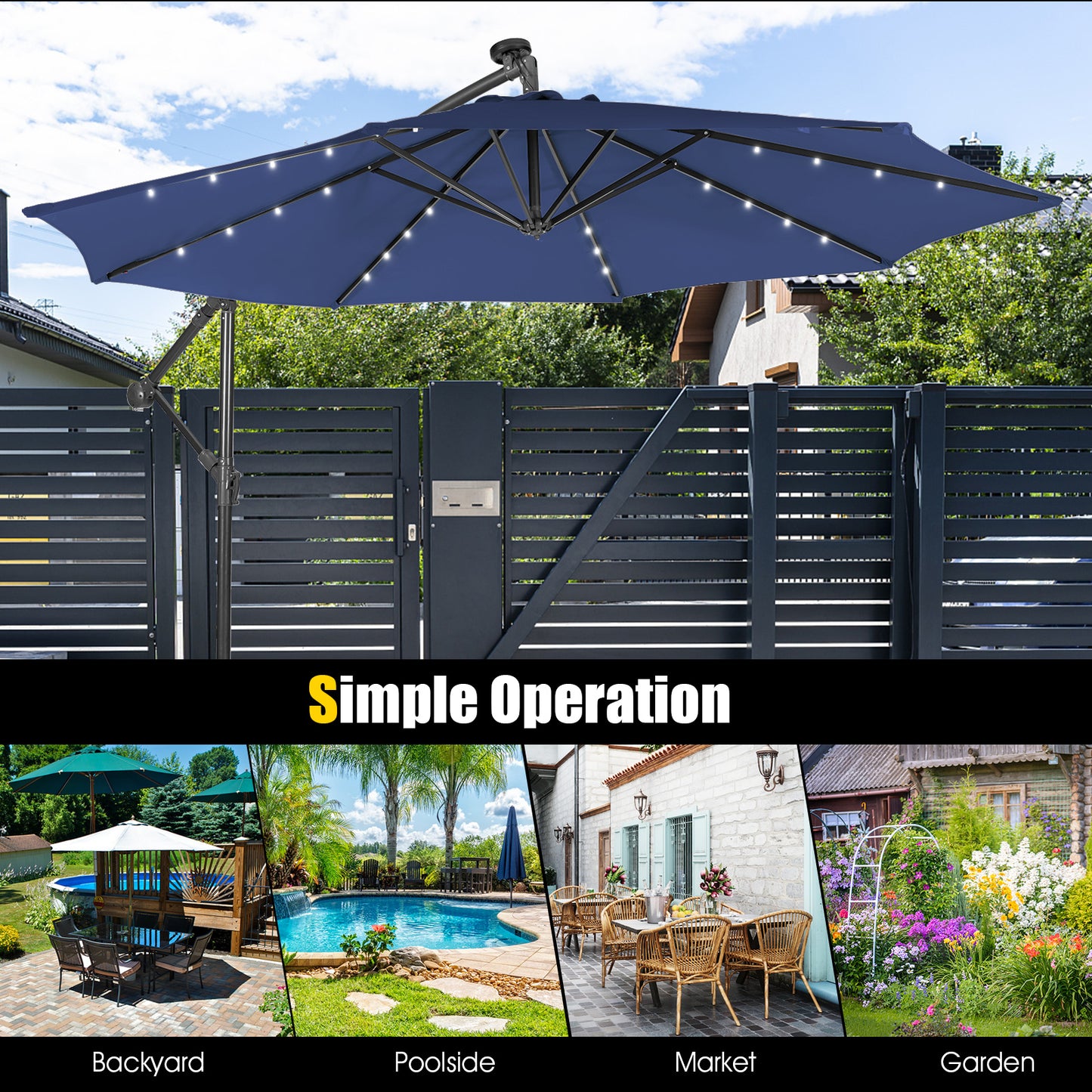 10 Feet Patio Solar Powered Cantilever Umbrella with Tilting System-Navy Kids Crystal
