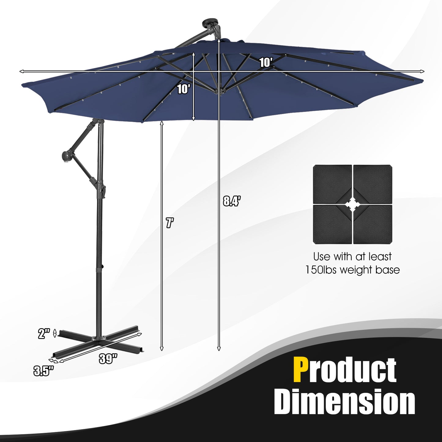 10 Feet Patio Solar Powered Cantilever Umbrella with Tilting System-Navy Kids Crystal