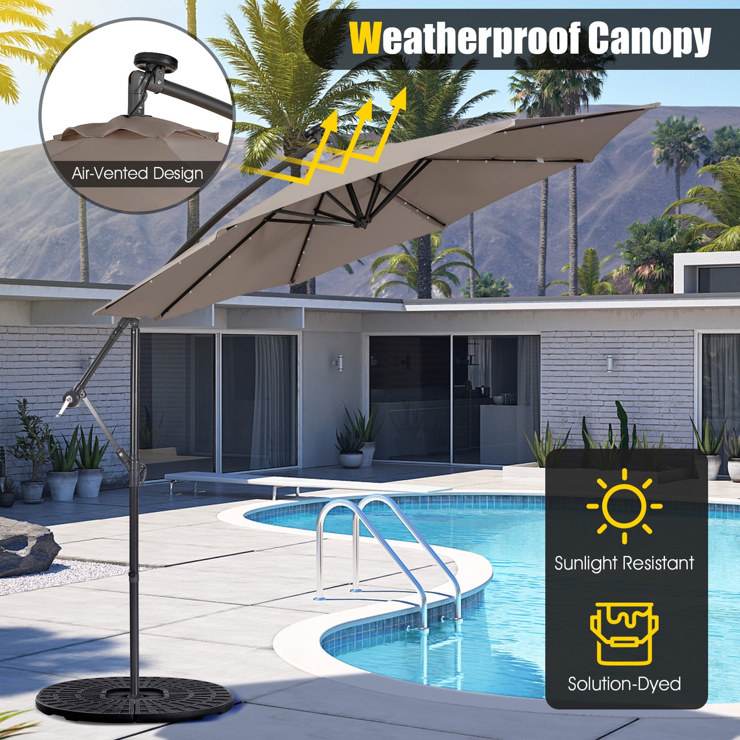 10 Feet Patio Solar Powered Cantilever Umbrella with Tilting System-Coffee Kids Crystal