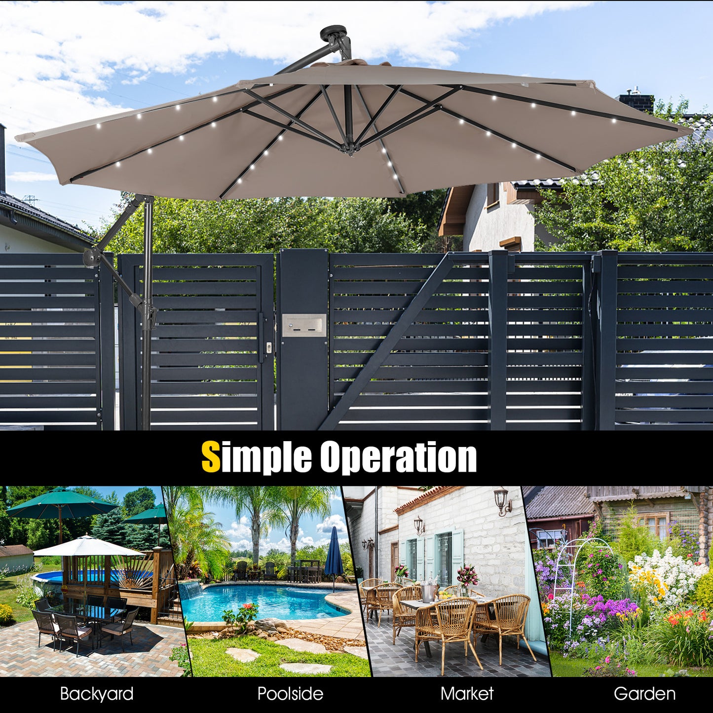 10 Feet Patio Solar Powered Cantilever Umbrella with Tilting System-Coffee Kids Crystal