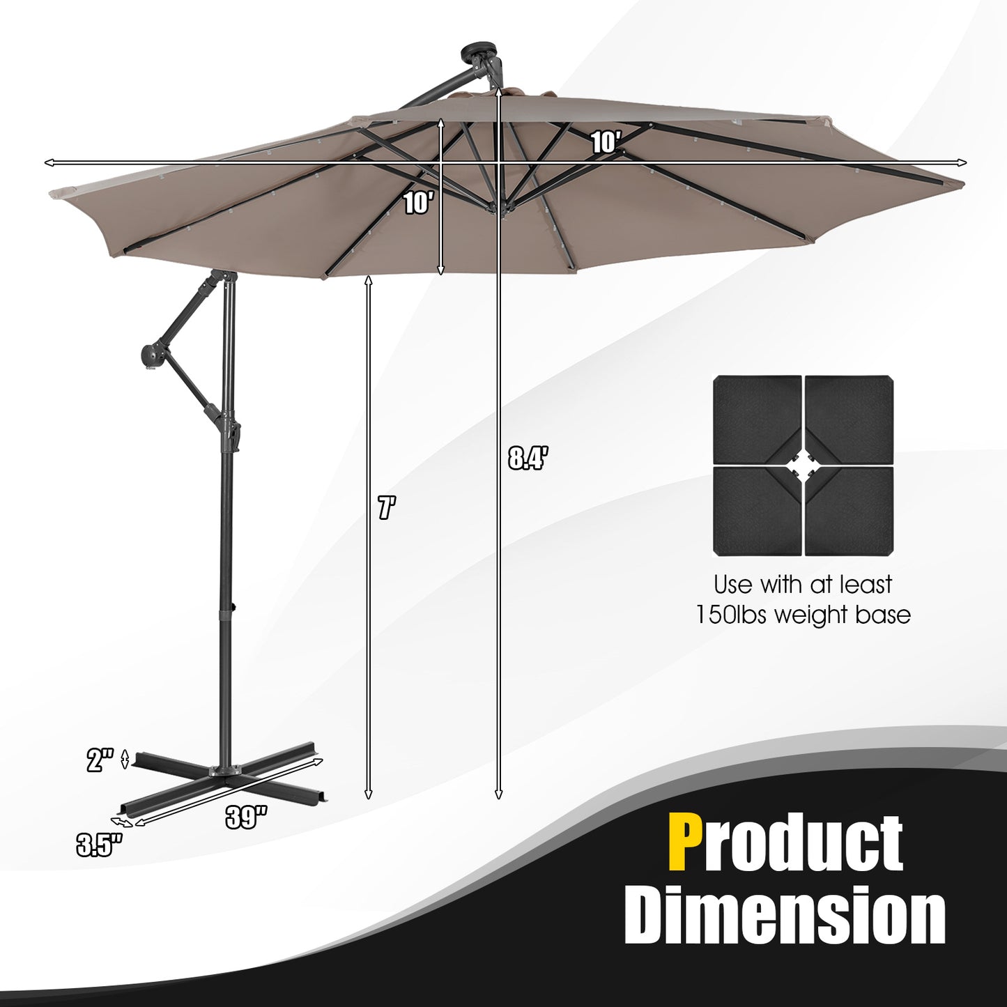 10 Feet Patio Solar Powered Cantilever Umbrella with Tilting System-Coffee Kids Crystal