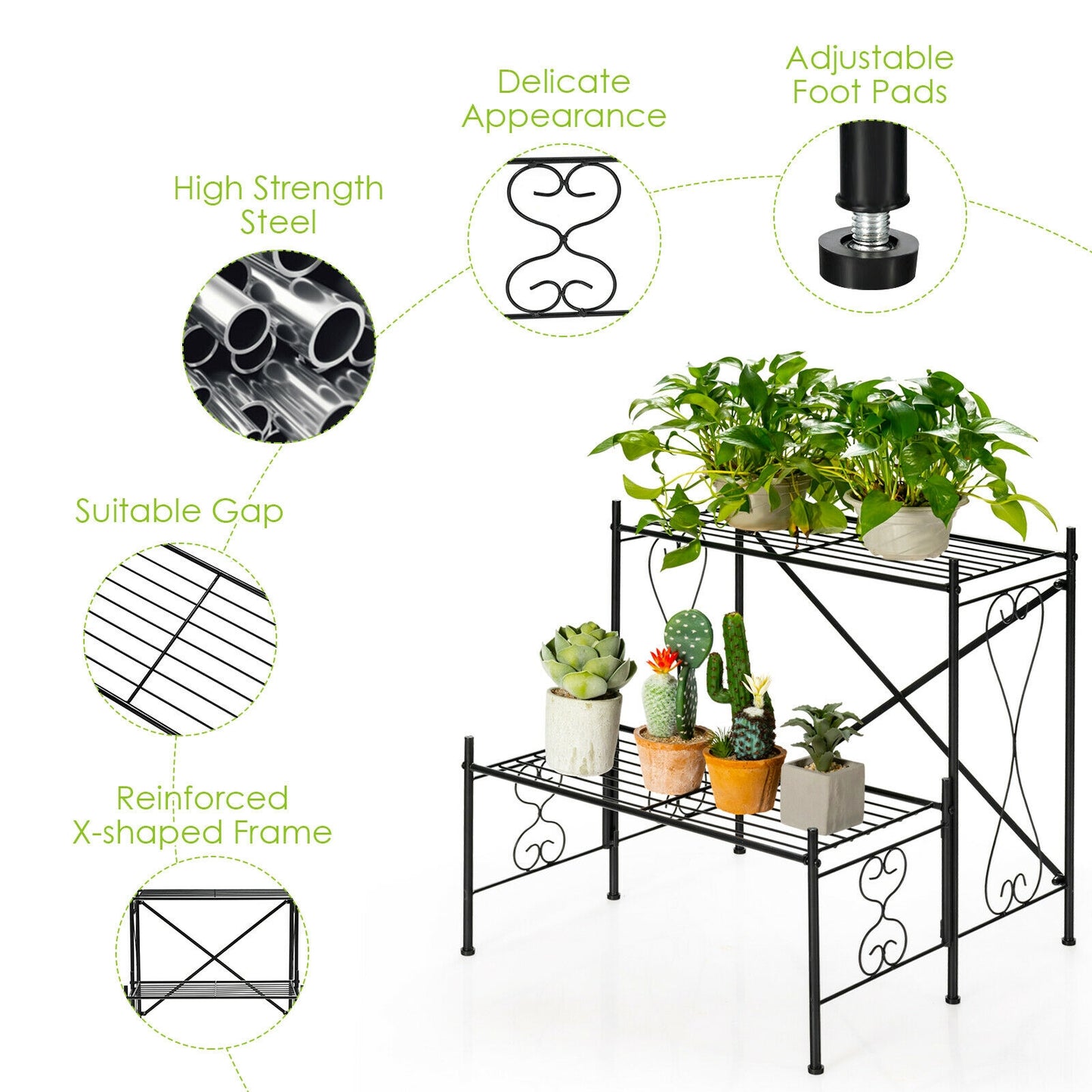2-Tier Metal Plant Stand Garden Shelf Kids Crystal