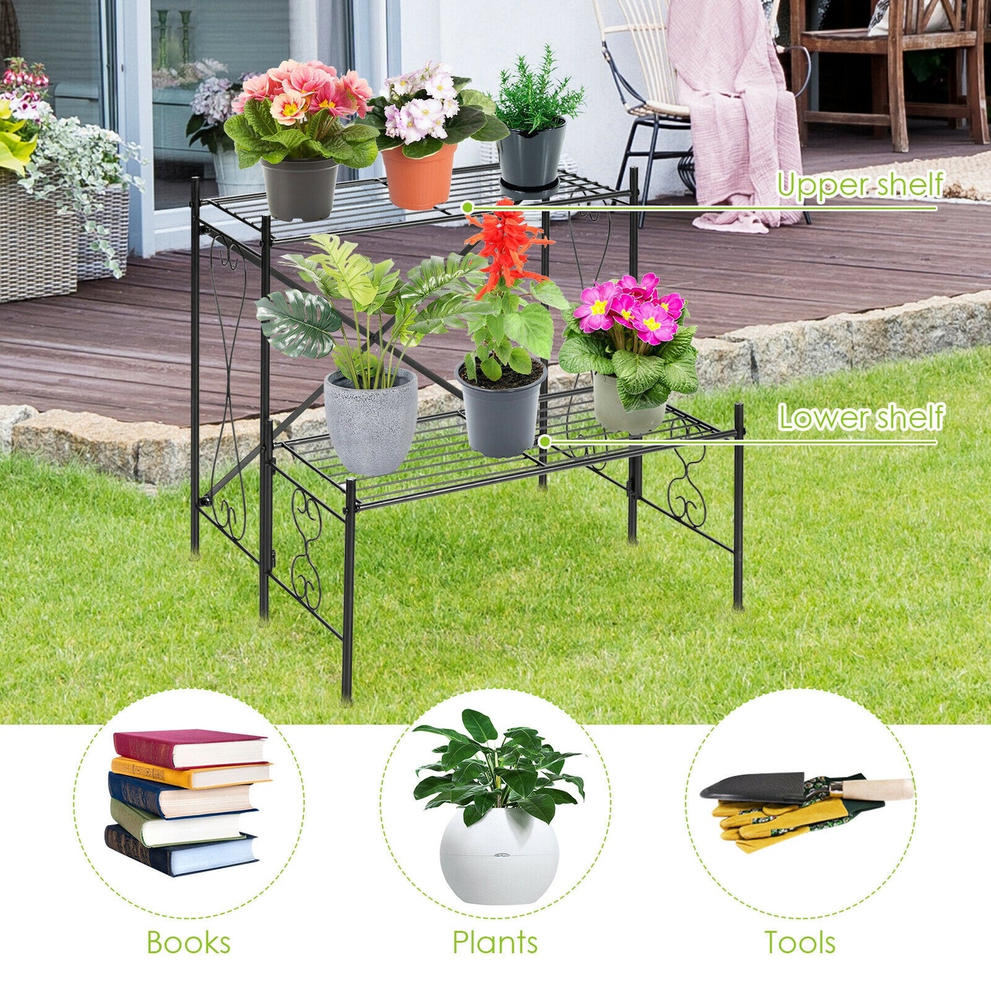 2-Tier Metal Plant Stand Garden Shelf Kids Crystal