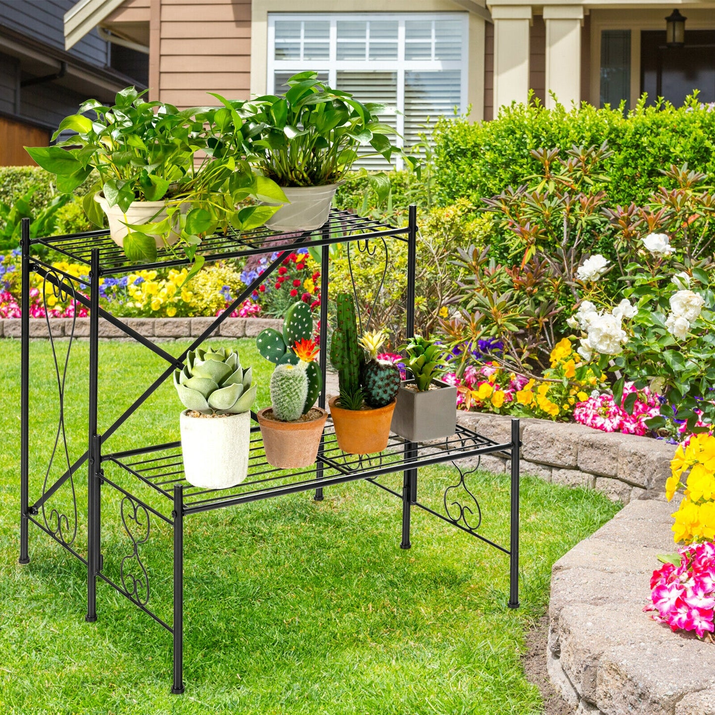 2-Tier Metal Plant Stand Garden Shelf Kids Crystal