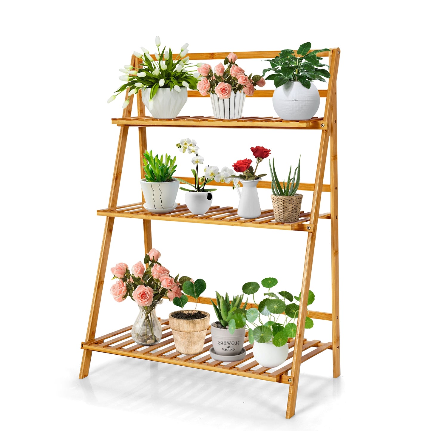 3-Tier Bamboo Foldable Plant Stand with Display Shelf Rack Kids Crystal