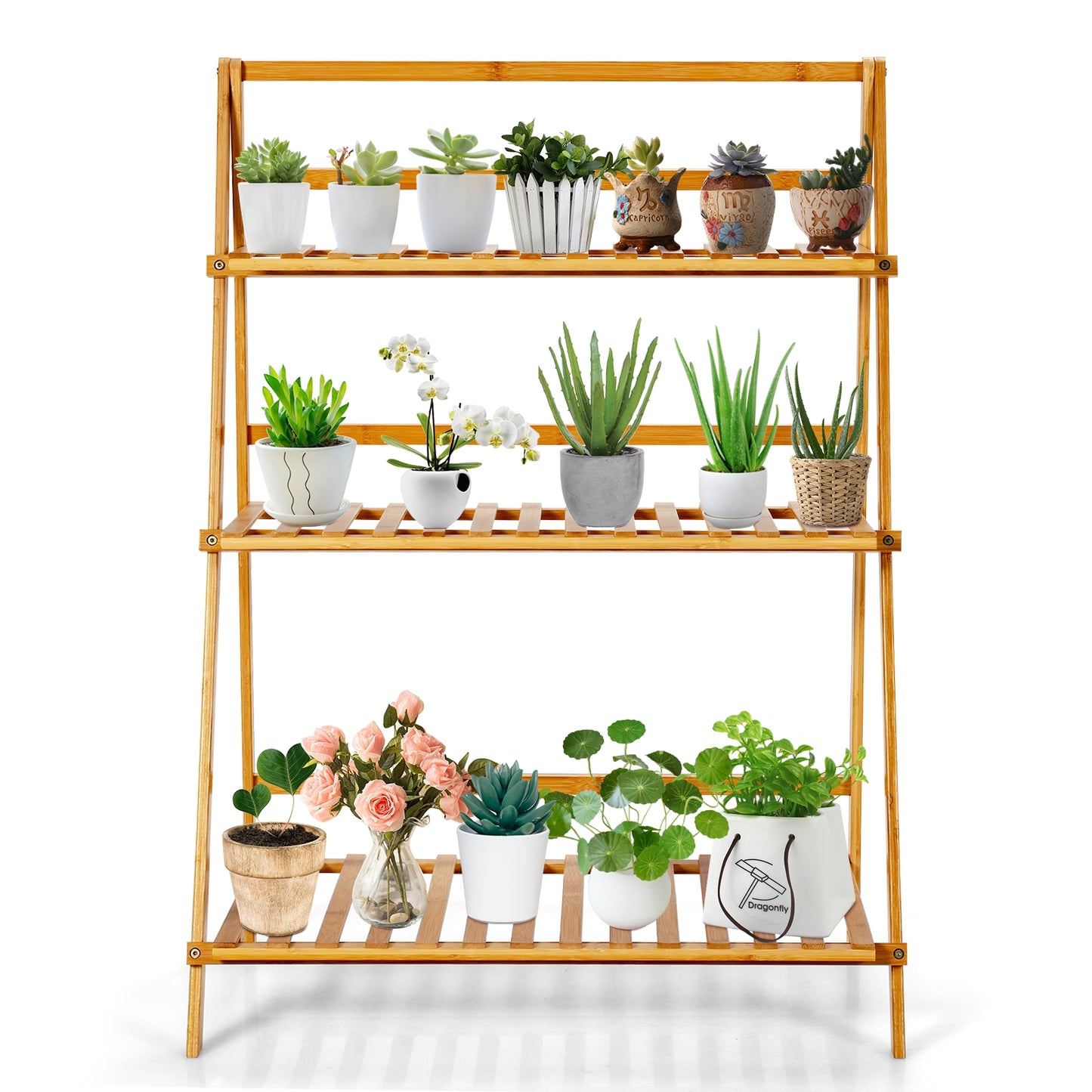 3-Tier Bamboo Foldable Plant Stand with Display Shelf Rack Kids Crystal