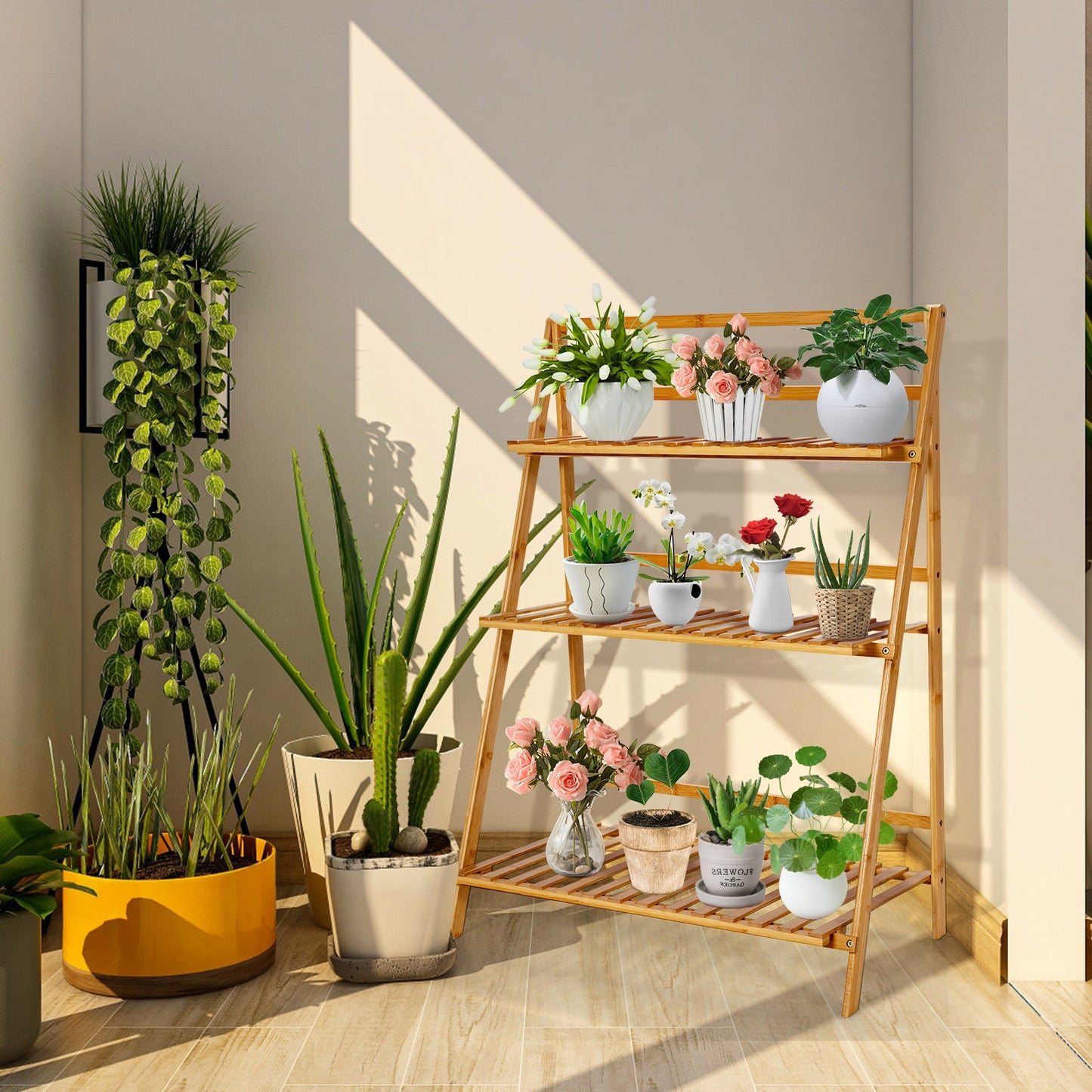 3-Tier Bamboo Foldable Plant Stand with Display Shelf Rack Kids Crystal