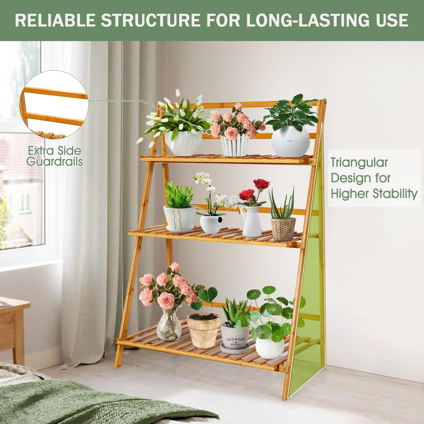 3-Tier Bamboo Foldable Plant Stand with Display Shelf Rack Kids Crystal