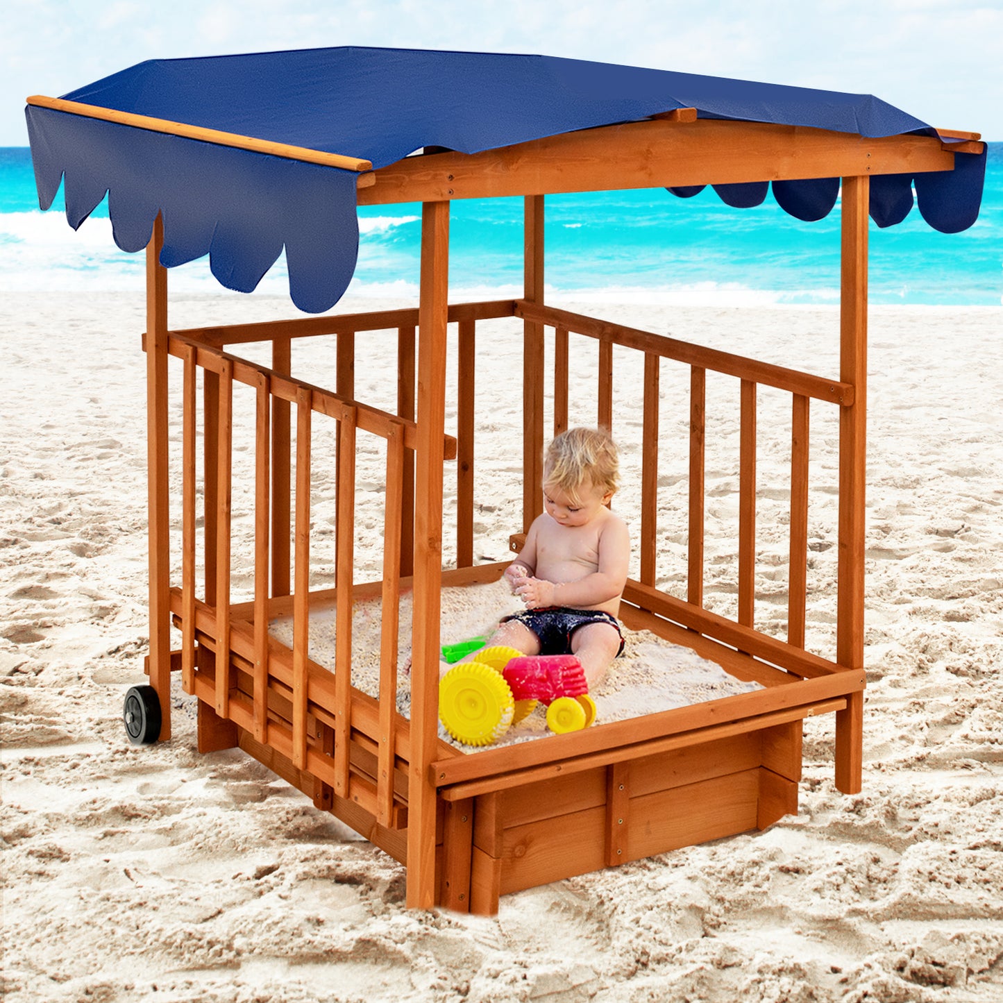 Kids Outdoor Wooden Retractable Sandbox with Cover and Built-in Wheels-Natural Kids Crystal