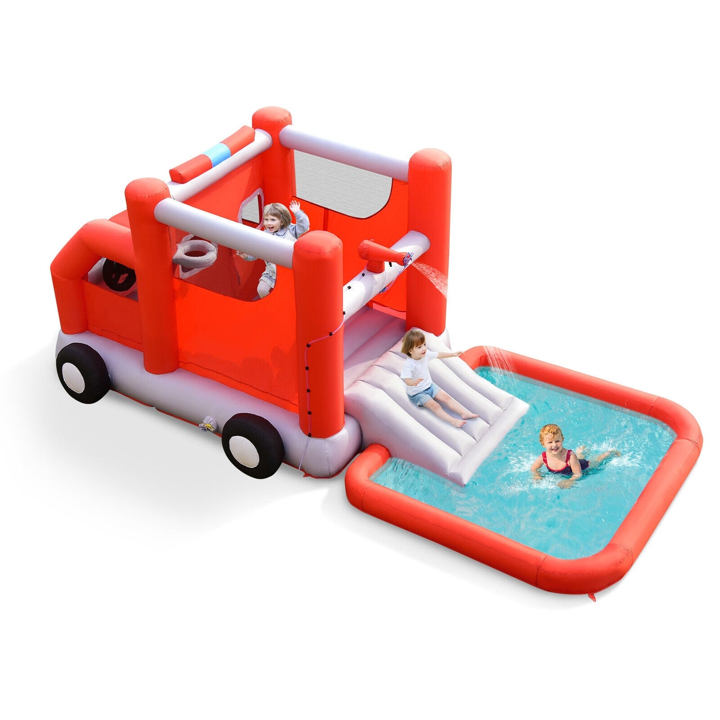 Fire Truck Themed Inflatable Castle Water Park Kids Bounce House without Blower Kids Crystal
