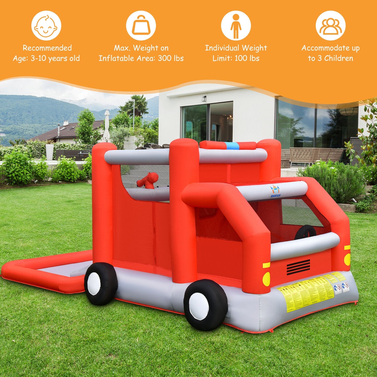 Fire Truck Themed Inflatable Castle Water Park Kids Bounce House without Blower Kids Crystal