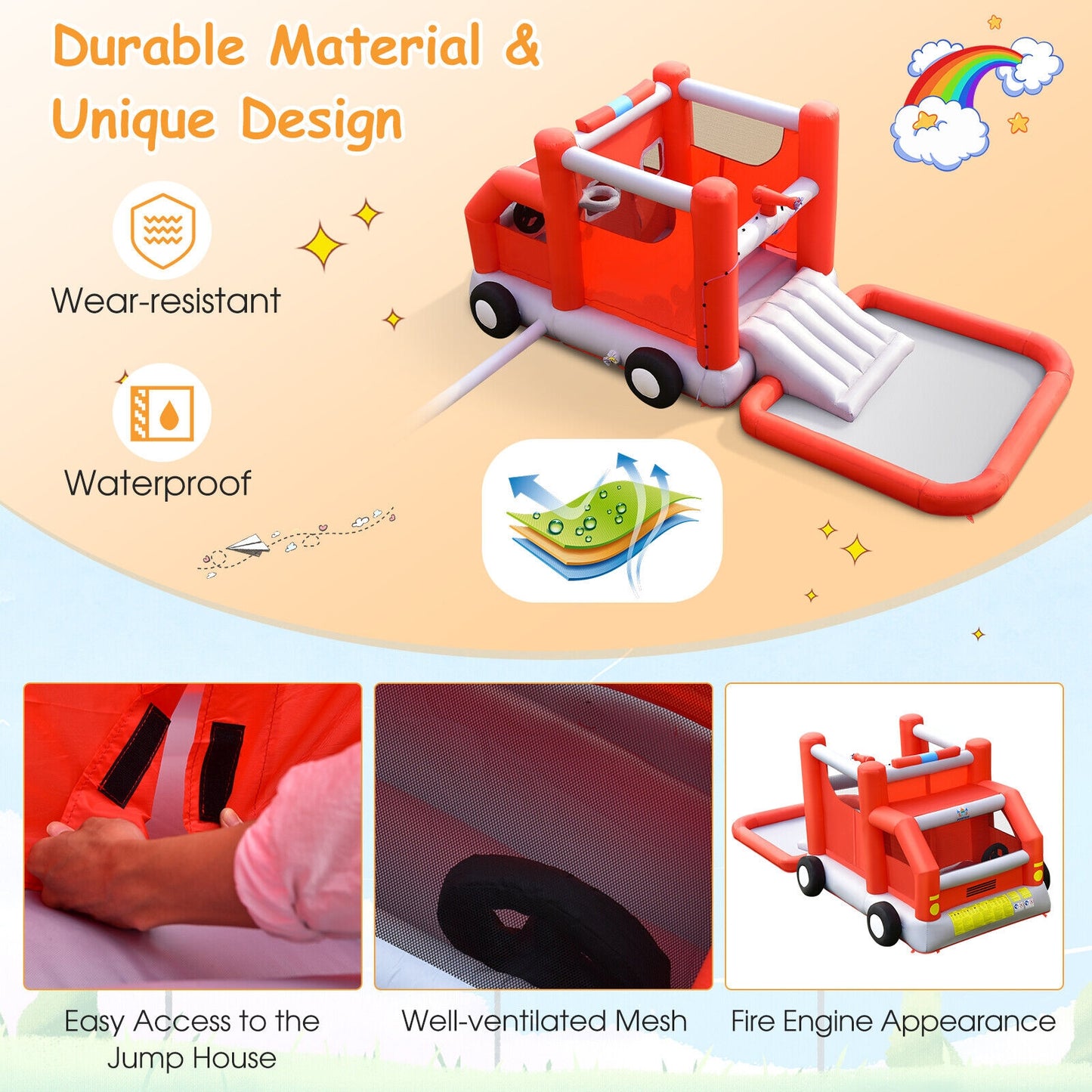 Fire Truck Themed Inflatable Castle Water Park Kids Bounce House without Blower Kids Crystal