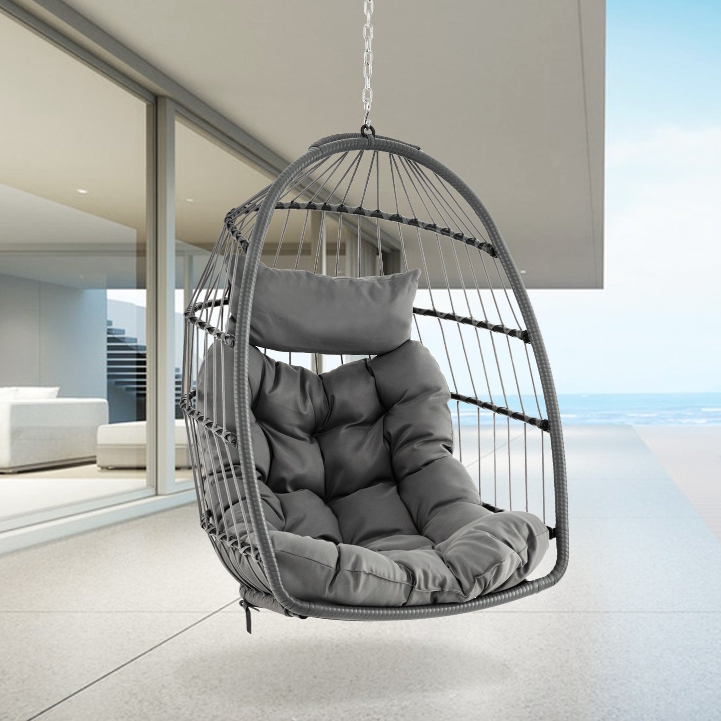 Hanging Egg Chair with Head Pillow and Large Seat Cushion-Gray Kids Crystal