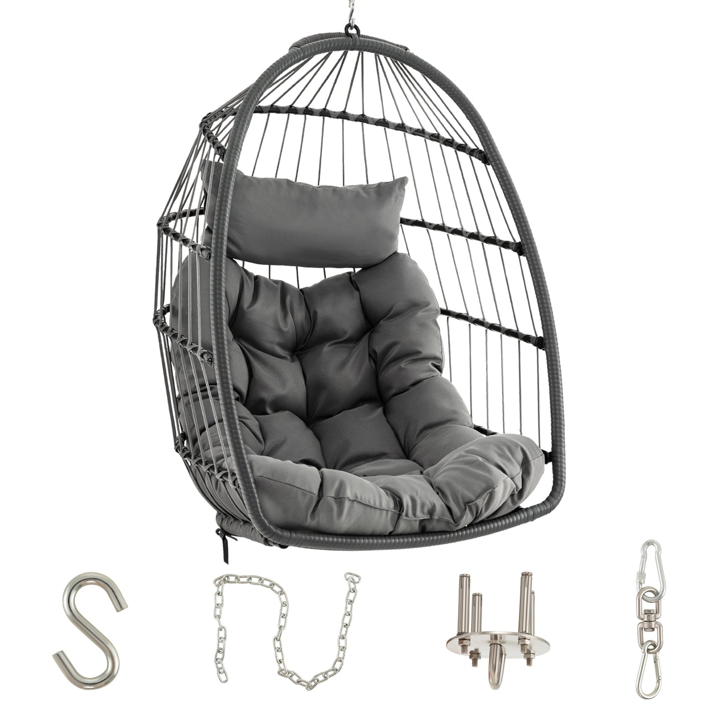 Hanging Egg Chair with Head Pillow and Large Seat Cushion-Gray Kids Crystal