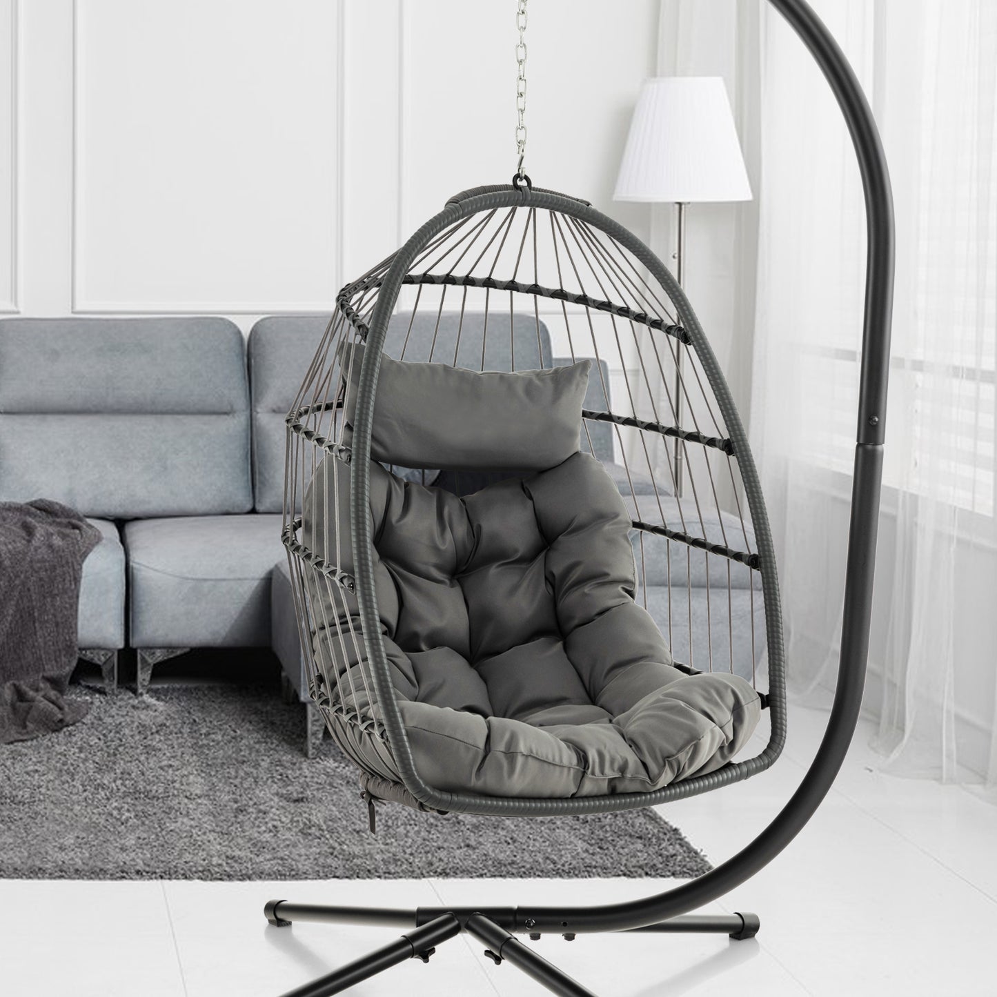 Hanging Egg Chair with Head Pillow and Large Seat Cushion-Gray Kids Crystal
