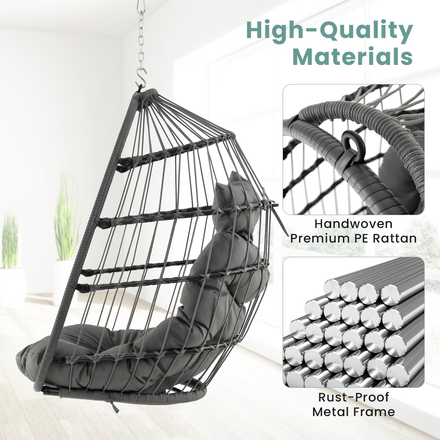 Hanging Egg Chair with Head Pillow and Large Seat Cushion-Gray Kids Crystal