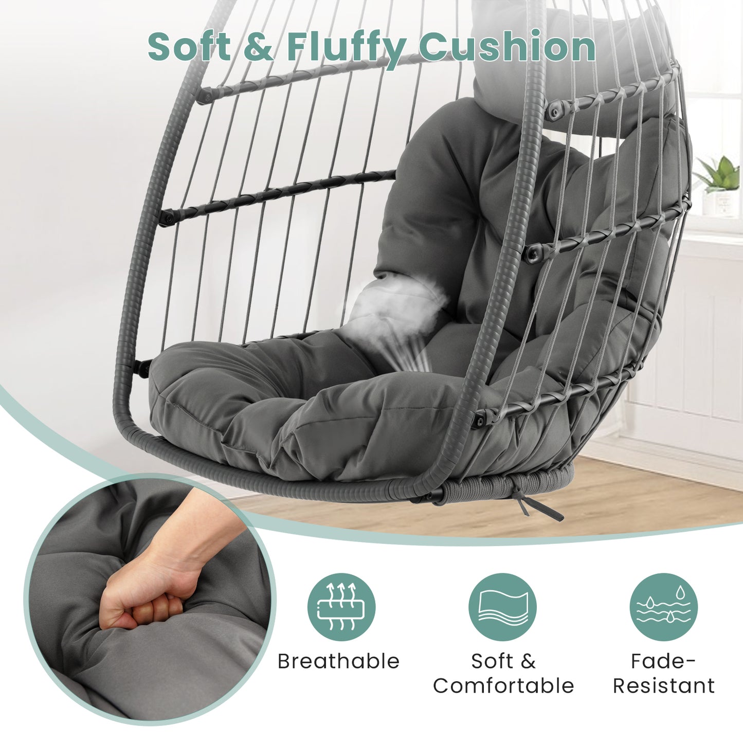 Hanging Egg Chair with Head Pillow and Large Seat Cushion-Gray Kids Crystal